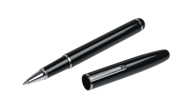 Luxurious black writing instrument displays its nib and separate cap against a dark background