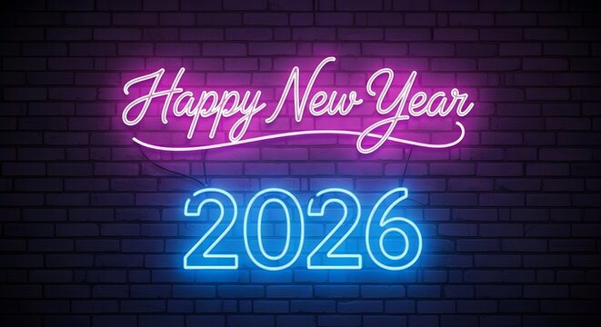 Bright neon sign displays happy new year 2026 in vibrant pink and blue against a dark brick wall background