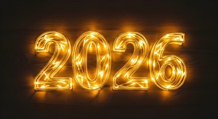 Glowing golden numbers 2026 illuminated by warm fairy lights against a dark brick background