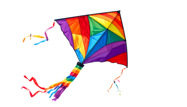 Vibrant diamond shaped aerodynamic toy featuring a rainbow color pattern flies against a stark black background