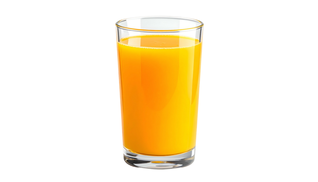 Tall glass filled with bright orange fruit beverage positioned against a solid dark background