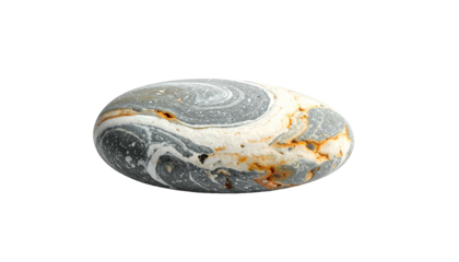 Polished oblong stone displays striking gray, white, and ochre mineral banding against a solid black background