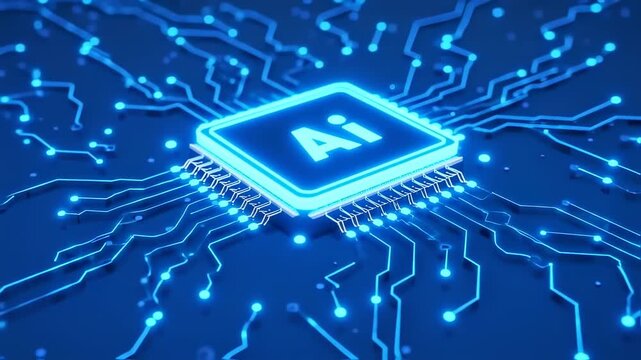 Close-up of a glowing blue circuit board with an AI processor