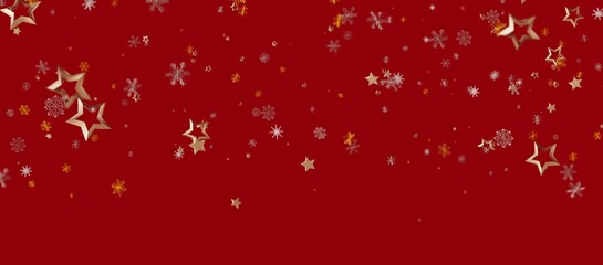 Christmas background with gold stars and snowflakes falling on a red background. Festive and celebratory design for holiday season.