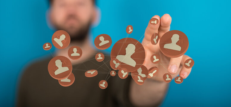 Concept for online networking shows person connecting people through network of profile icons for digital connection in social media space. - Powered by Adobe