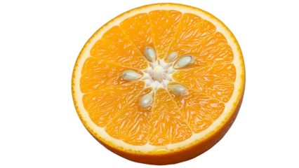Cross section of a citrus fruit displays vibrant flesh and visible seeds against a dark background