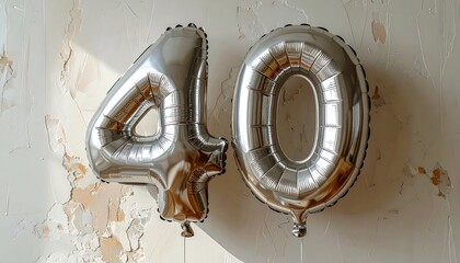 Metallic "40" balloons float before a textured cream wall with peeled paint