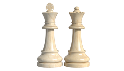 Two detailed ivory colored chess pieces stand side by side against a solid black background