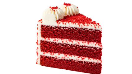 Sliced portion of rich red velvet cake with creamy frosting isolated on a dark background