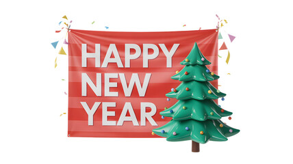 Happy new year banner with christmas tree and confetti isolated on transparent background