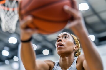 Focused female basketball player aiming for a shot during training session in indoor gym, close-up view showing determination, concentration and athletic effort under bright lights