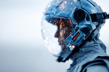 Fototapeta premium Silhouette of futuristic astronaut in high-tech helmet with reflections of glowing stars, cosmic lights on visor, symbolizing exploration, science fiction and human curiosity