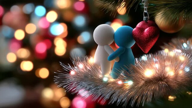 Faceless 3D characters decorating a tree together, close-up on glowing ornaments and tinsel with soft focus, with copy space.