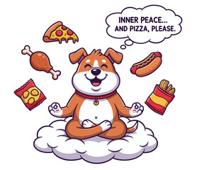 Naklejka premium Funny Cartoon Dog Meditating with Fast Food Illustration