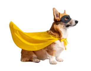Relaxed Corgi Superhero Sitting Sideways with Yellow Cape Flowing, isolated on transparent background
