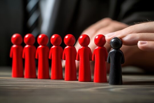A Barrier of Social Prejudice: A symbolic representation of social prejudice, where a single, black figure is isolated and distanced from a row of red figures, highlighting themes of exclusion.