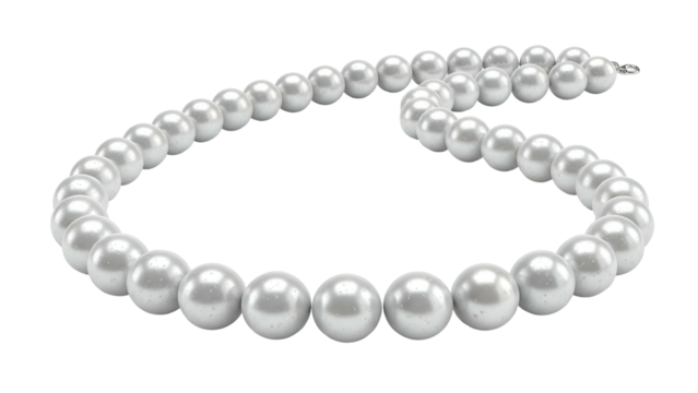 Strands of lustrous white spherical beads curve gracefully across a dark background.