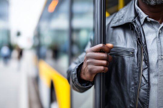 Close-up of man's hand holding bus door handle, urban background with blurred city scene and yellow bus exterior, concept of public transport, daily routine and travel
