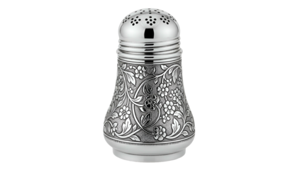 Ornate antique silver condiment shaker features detailed floral engravings against a dark background