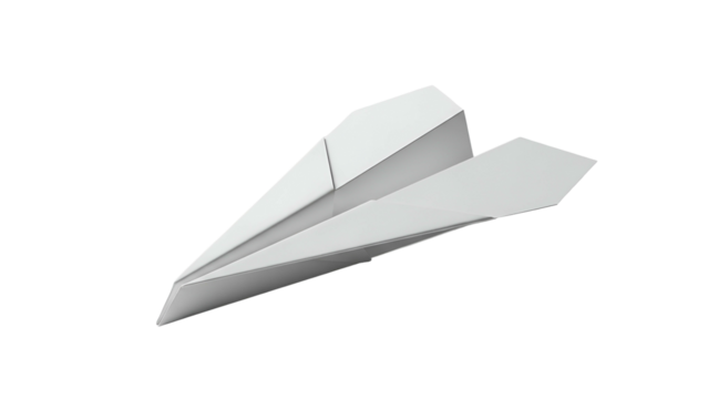 Simple white paper airplane rests against a solid black background