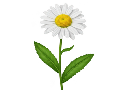 A single white daisy flower with a yellow center and green leaves isolated on transparent background