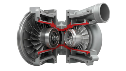 Cross section illustration of a mechanical forced induction compressor and turbine assembly