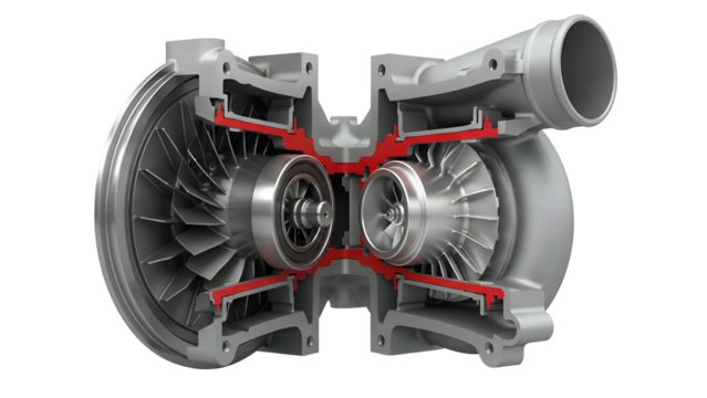 Cross section illustration of a mechanical forced induction compressor and turbine assembly