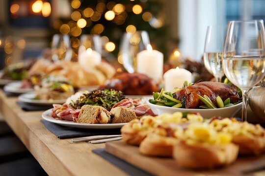 Large holiday dinner table with roast duck, bread, appetizers, and wine glasses surrounded by glowing candles and bokeh lights, evoking celebration, warmth, and festive gathering