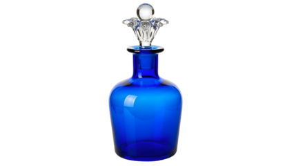 Elegant cobalt blue glass decanter displays intricate clear stopper against a solid black background