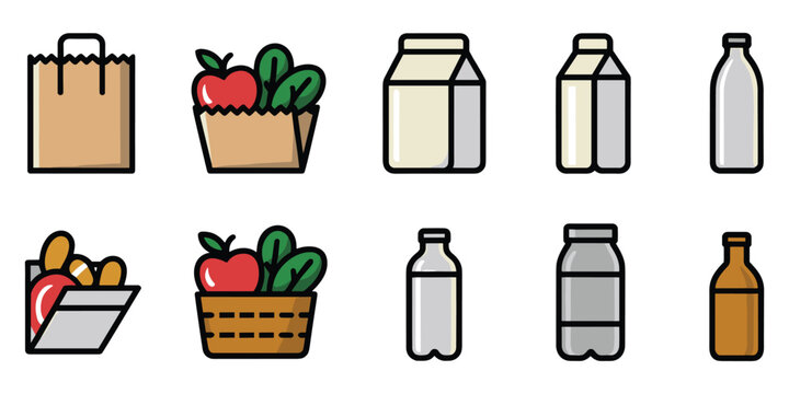 Grocery shopping icons with bags, baskets, and drinks graphics Keywords: grocery, shopping, bag