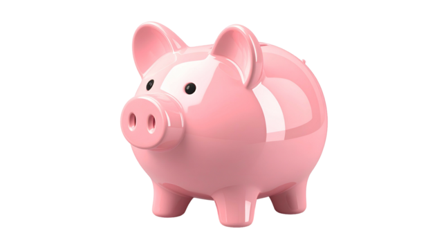 Shiny pink ceramic container for saving currency is isolated against a dark background