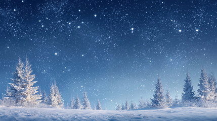 Snow covered landscape with clear blue sky and distant pine trees on a peaceful winter day