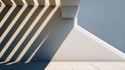 Modern facade with angled louvers casting long diagonal shadows on textured wall, abstract geometric architecture at sunrise