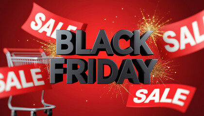 Black friday sale extravaganza with shopping cart on red background