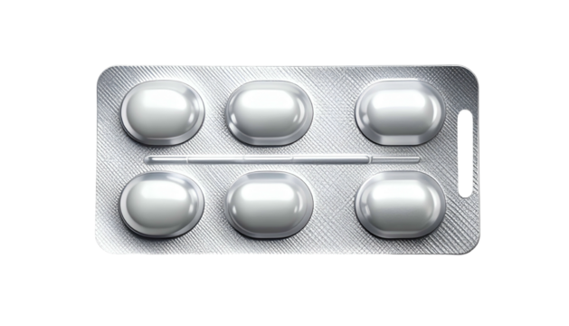 Silver foil blister pack contains six smooth, white medication units against a dark background