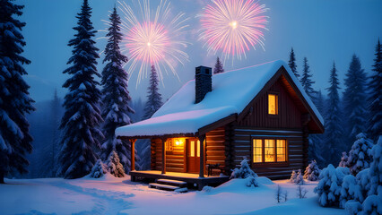 Winter Cabin Fireworks: Cozy Log Home in Snowy Forest Scene, Holiday Celebration, Festive Night Landscape, AI Art Image