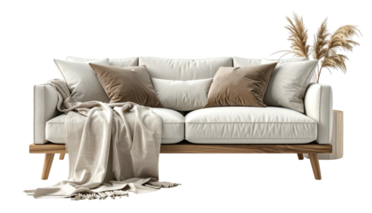 Contemporary style sofa furnished with neutral textiles and dried grasses rests against a dark background