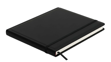 Closed black hardcover notebook secured with an elastic band rests on a dark surface