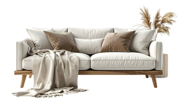 Contemporary style sofa furnished with neutral textiles and dried grasses rests against a dark background