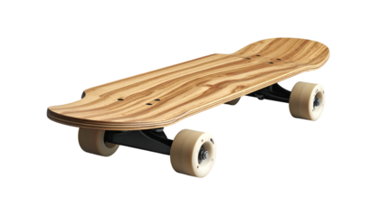 Wooden longboard with striking grain pattern isolated against a solid black background