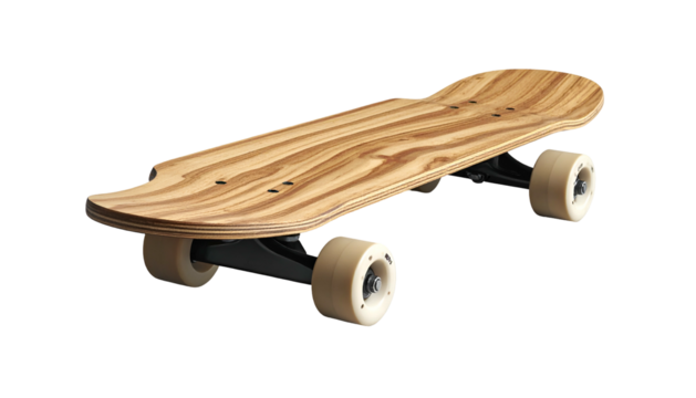 Wooden longboard with striking grain pattern isolated against a solid black background