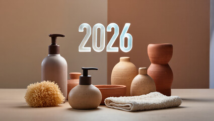 Minimalist ceramic bath set and loofah with illuminated 2026 numbers