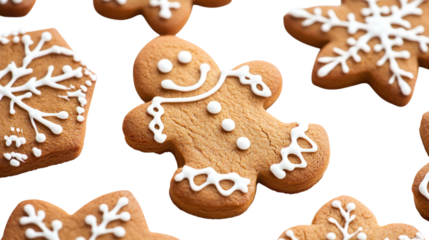 Gingerbread cookies with white icing isolated on a transparent background