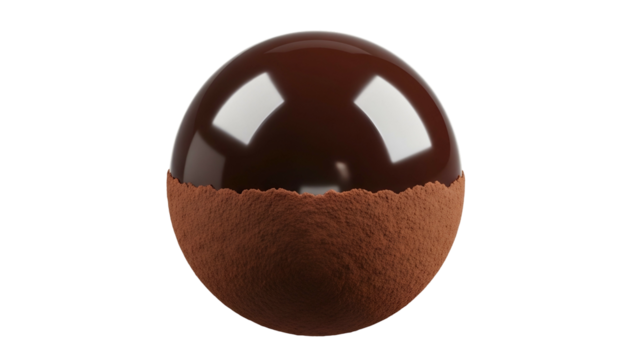 Highly reflective dark substance partially coats a matte, textured lower sphere against a solid black background