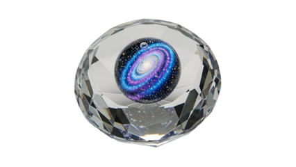Faceted crystal orb captures a miniature celestial spiral structure