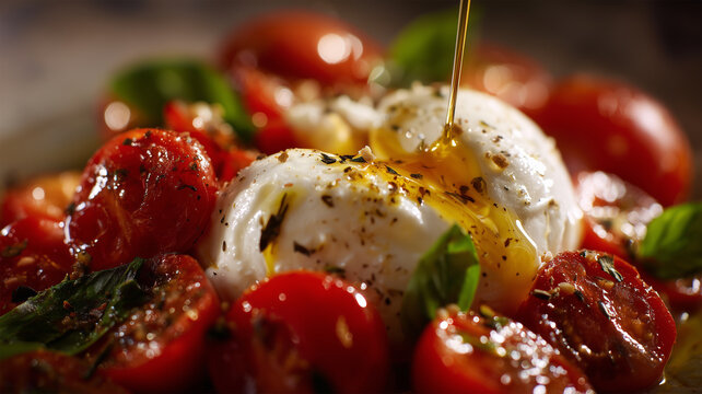 ブッラータとトマトにオリーブオイルをかける