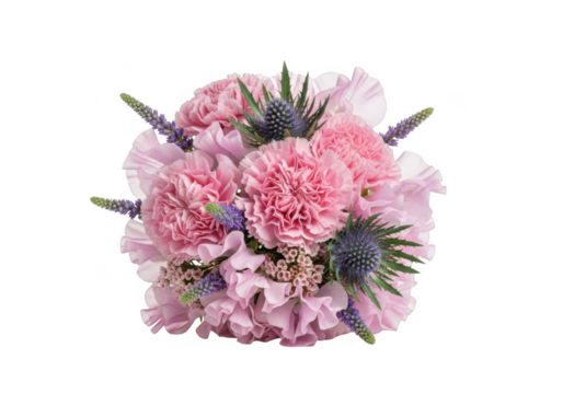 Delicate pink peony and thistle floral arrangement isolated on transparent background