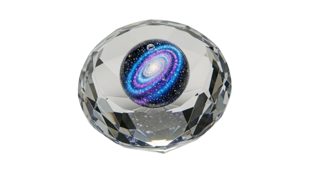 Faceted crystal orb captures a miniature celestial spiral structure