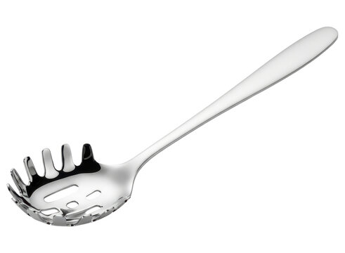 Shiny stainless steel spaghetti server with slotted head and gripping tines