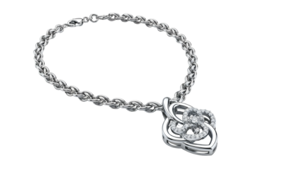 Shiny metallic chain necklace featuring an ornate pendant adorned with small brilliant gemstones